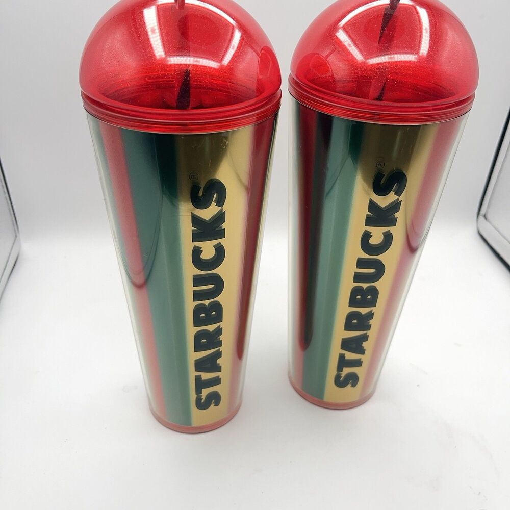 Starbucks 2024 Metallic Red, Green & Gold Stripe Cold Cup - Set Of 2 - Picture 5 of 16